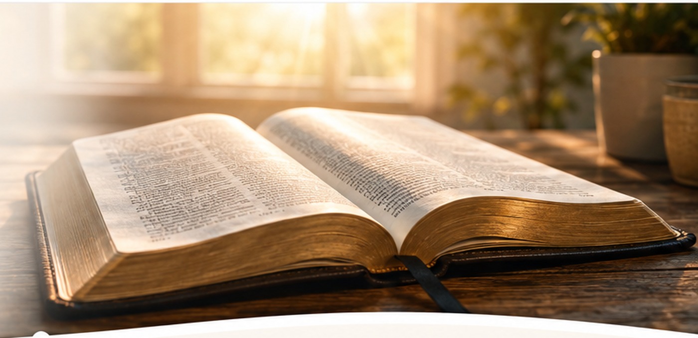 An open Bible resting on a wooden table in warm morning light