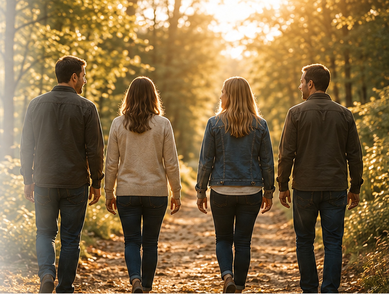 Two men and two women walking together along a peaceful wooded path in warm afternoon light, viewed from behind